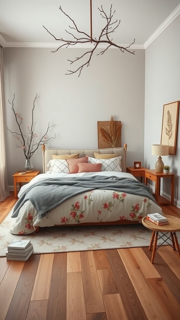 A cozy bedroom with a floral comforter, natural wood furniture, and branch-inspired decor.