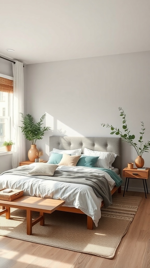 A cozy bedroom featuring wooden furniture, soft bedding, and potted plants, creating an outdoor-inspired atmosphere.