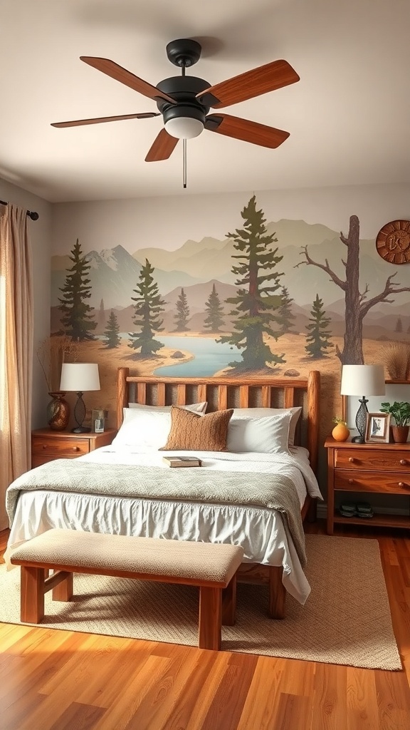 A cozy bedroom featuring a nature-themed mural, wooden furniture, and warm lighting.