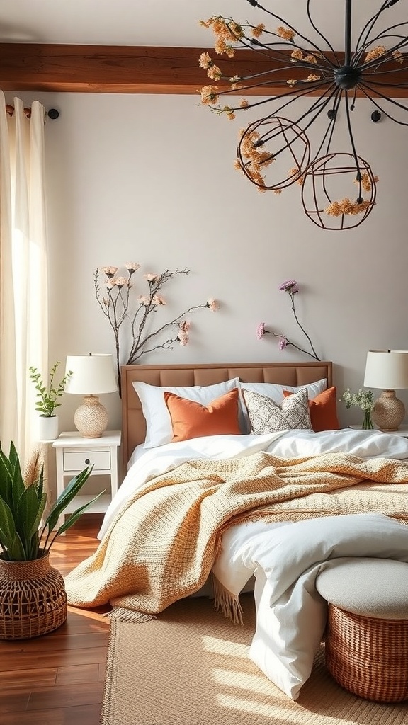 A cozy bedroom with floral decor, featuring a bed with white linens, orange pillows, and plants, illuminated by a unique chandelier.