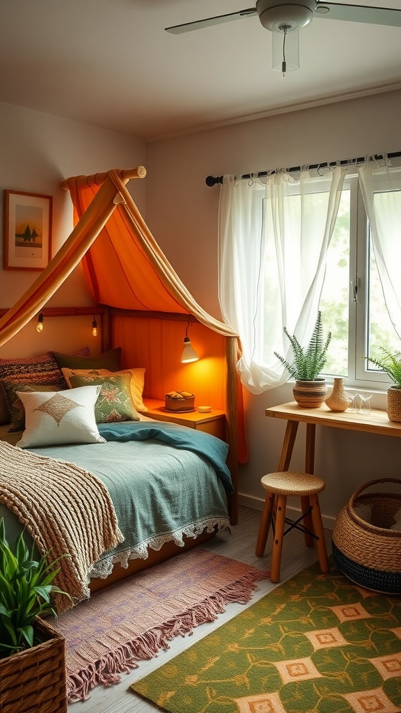 A kid's bedroom designed with an outdoor theme, featuring a tent-like canopy over the bed, potted plants, and warm colors.