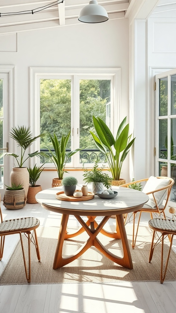 An indoor living room with a round wooden table, surrounded by green plants and woven chairs.