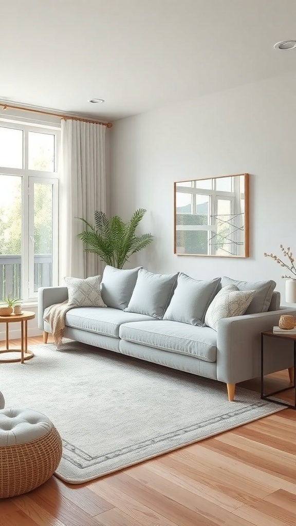 A light grey couch in a bright living room with large windows and plants.