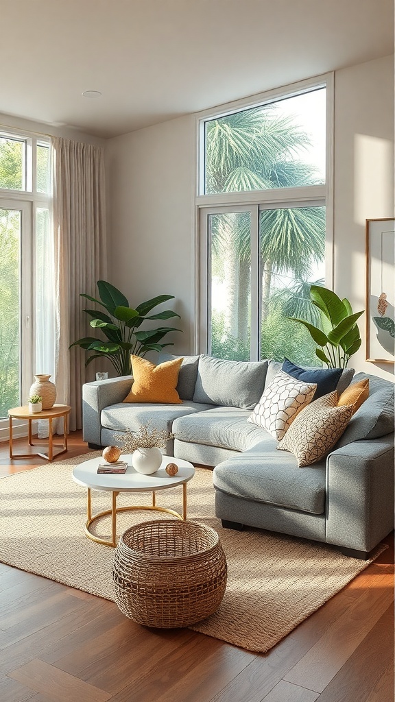 A bright living room featuring a grey couch, colorful pillows, a round coffee table, and plants, with large windows showing greenery outside.