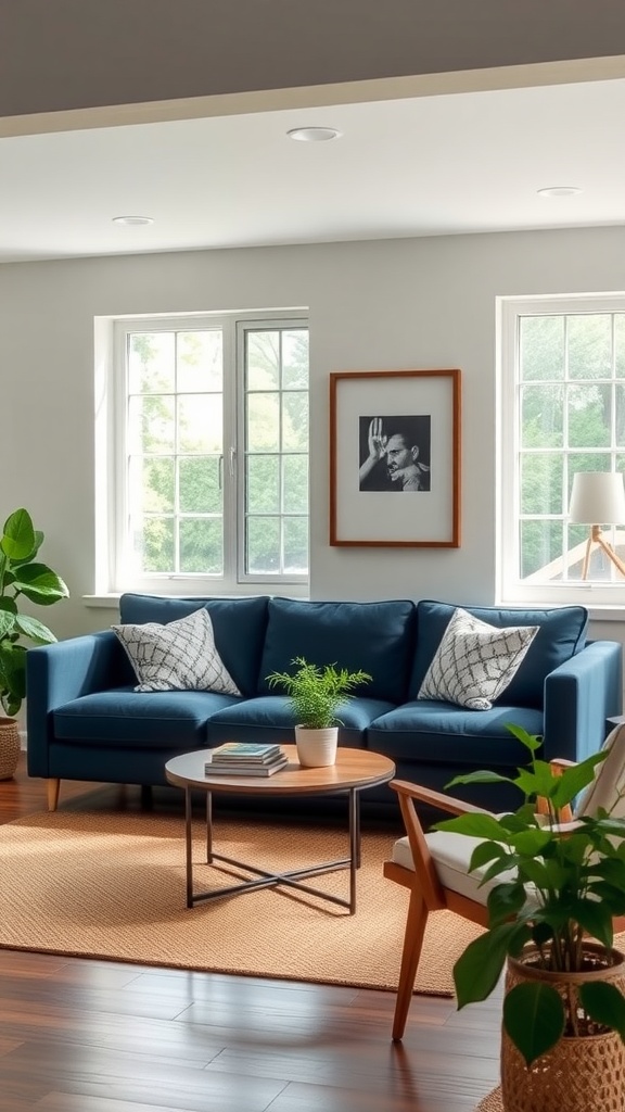 Cozy living room featuring a navy blue sofa, plants, and natural light.