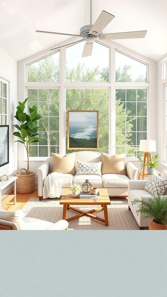 Bright living room with large windows, plants, and neutral-colored furniture