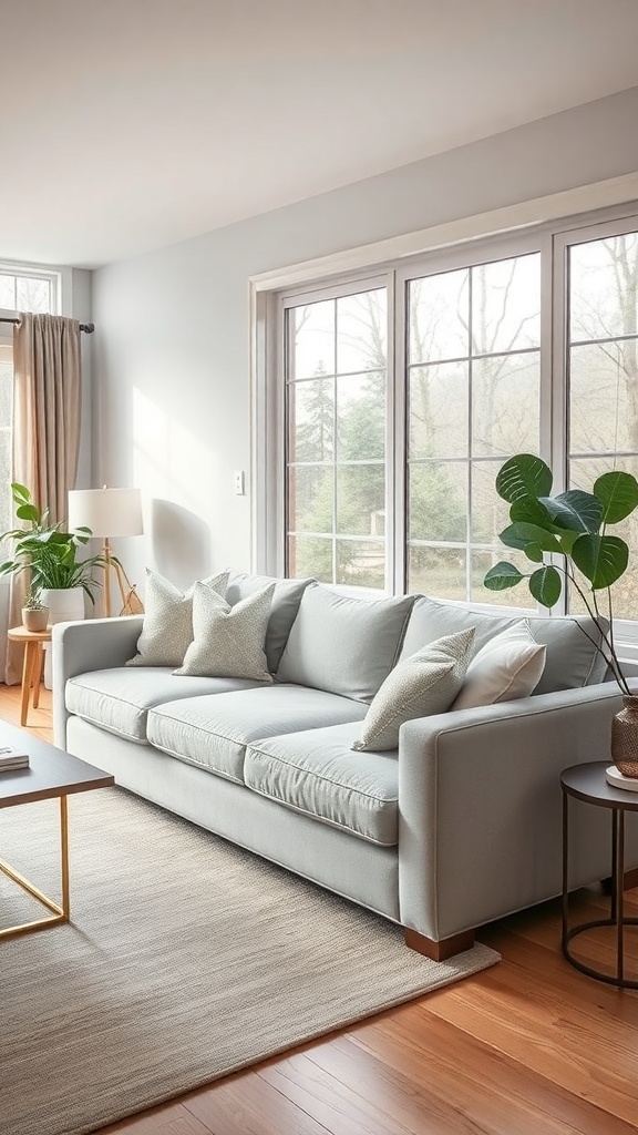 A light gray couch in a bright living room with large windows and plants.
