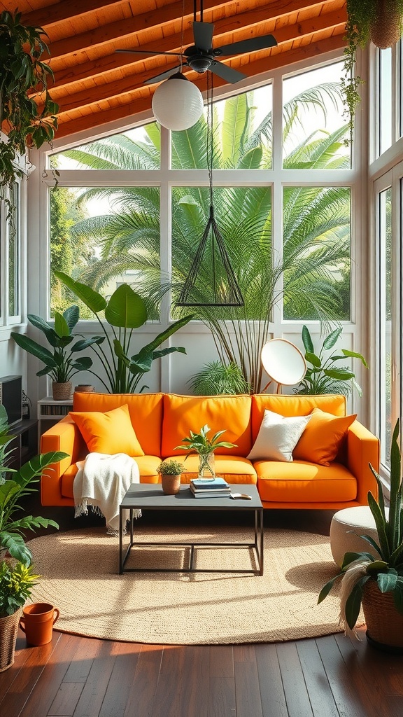 A cozy living room featuring an orange sofa surrounded by plants and large windows, creating an outdoor-inspired atmosphere.