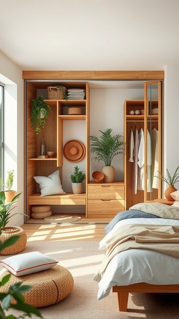 A cozy bedroom featuring an open wooden wardrobe with plants and neatly arranged items, creating a nature-inspired atmosphere.