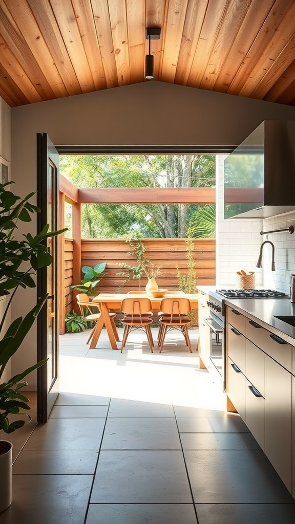 A kitchen with a large open pass through to an outdoor dining area, showcasing wooden accents and plants