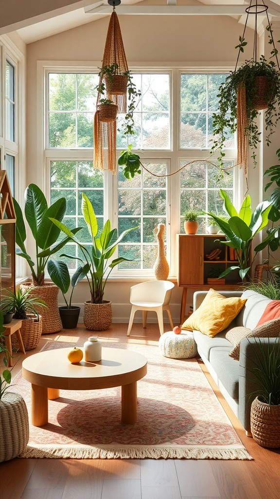 Bright playroom with large windows, indoor plants, and cozy seating