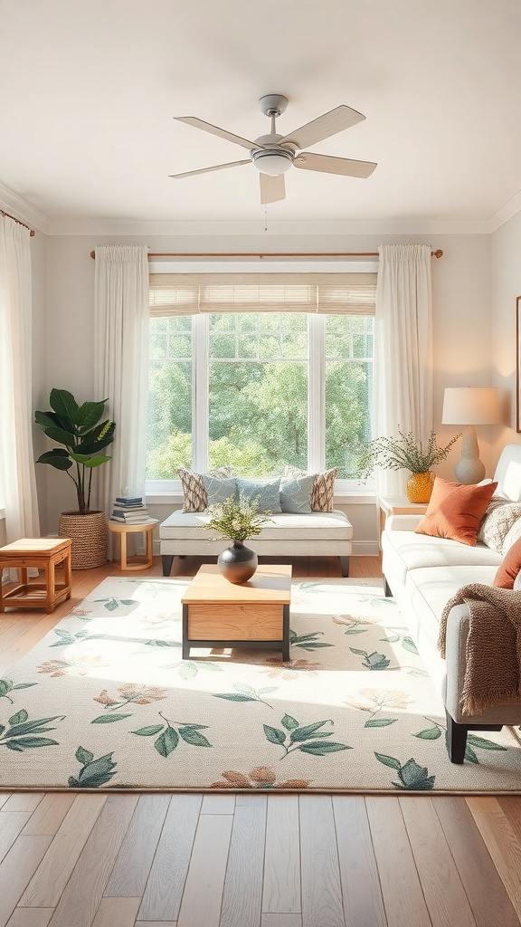 A cozy living room featuring an outdoor-inspired rug with floral patterns, a comfortable sofa, and large windows letting in natural light.