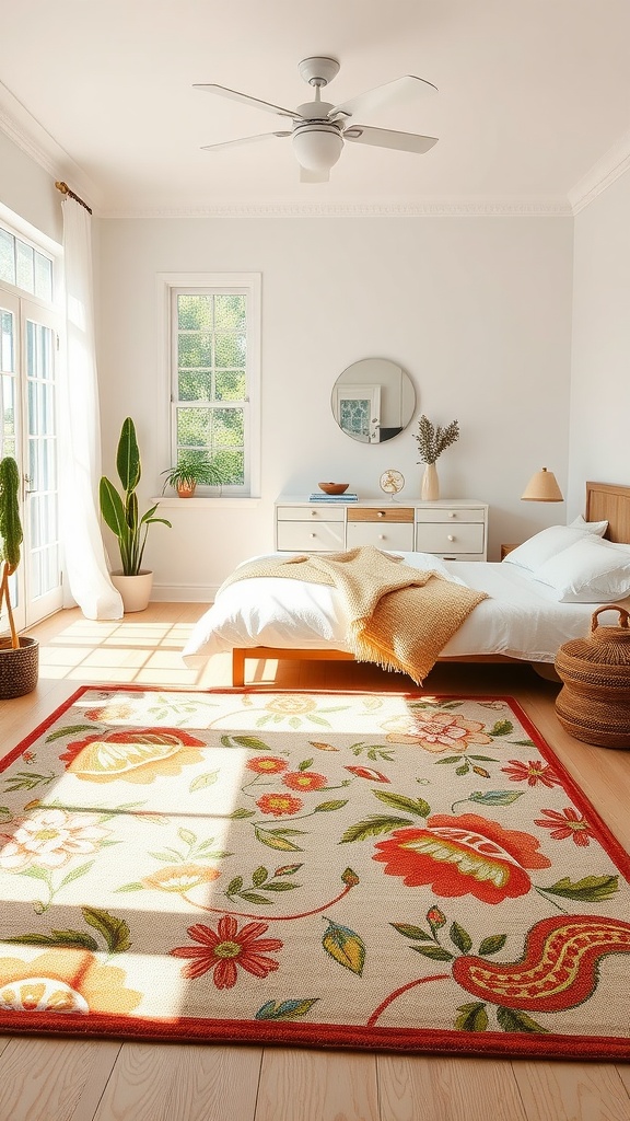 A beautifully patterned outdoor-inspired rug with flowers and leaves in a bright, airy bedroom.
