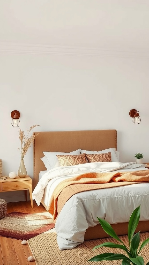 A cozy bedroom featuring outdoor-inspired sconces on either side of the bed, with warm tones and natural elements.