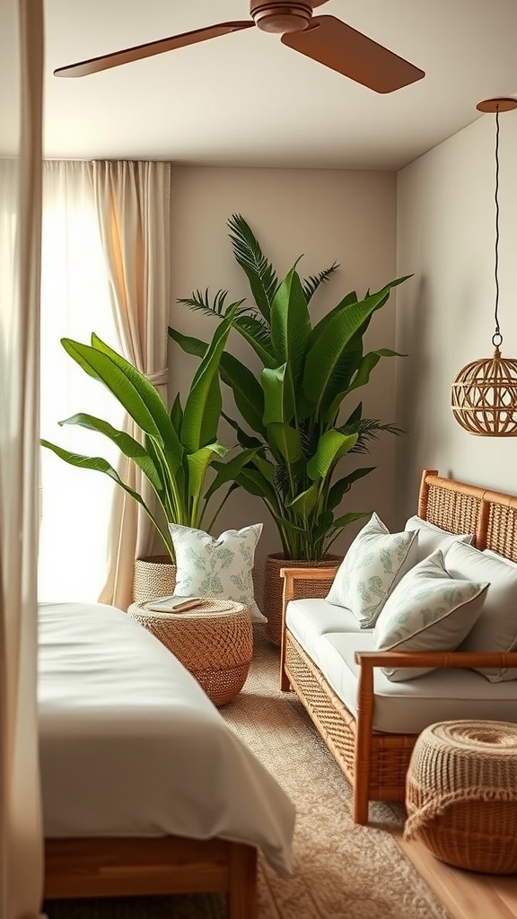 Cozy tropical-inspired bedroom seating area with rattan furniture and green plants