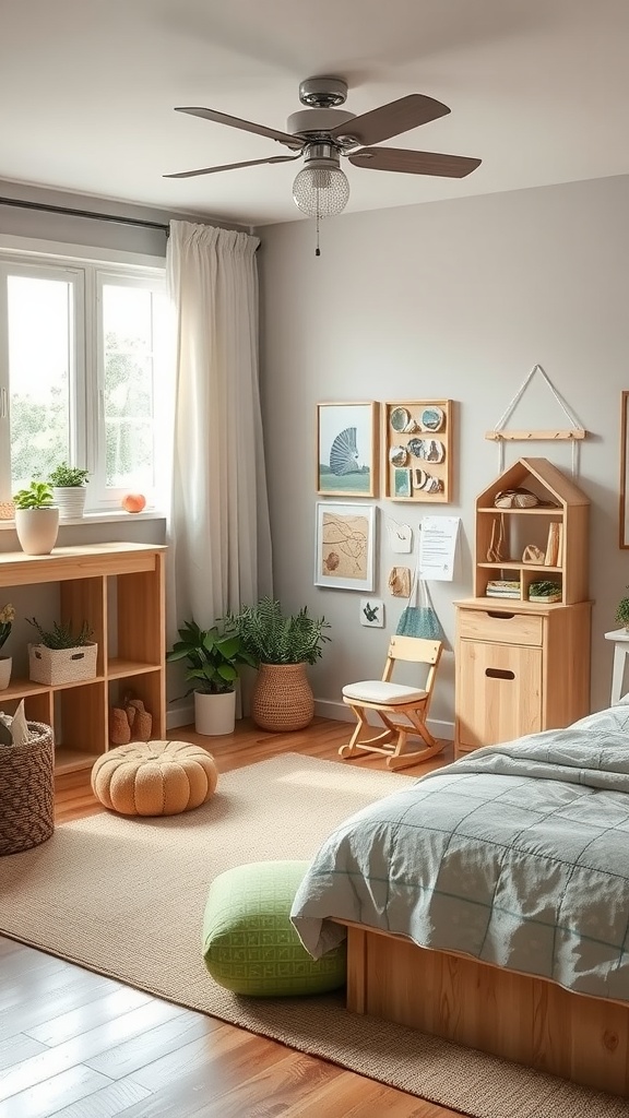 A cozy bedroom with natural decor featuring plants, wooden furniture, and nature-themed wall art.