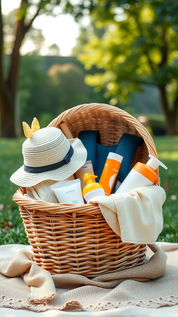 A wicker basket filled with a sun hat, skincare products, and a blanket, sitting on a grassy area.