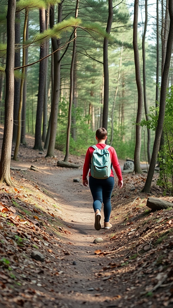 A child and a parent walking down a forest trail, surrounded by trees.