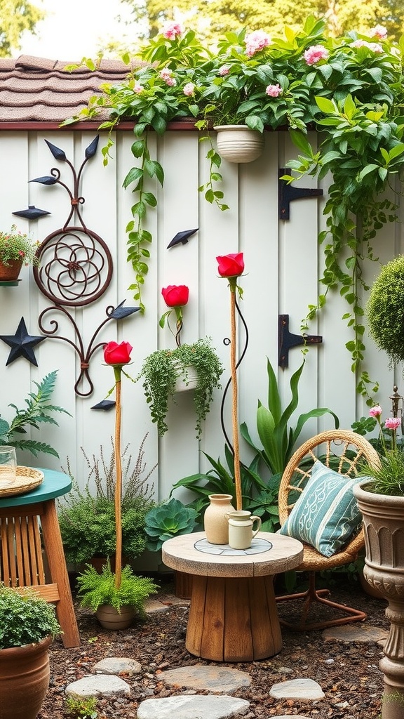 Small backyard with decorative metal wall art, red rose decorations, cozy seating, and various plants.