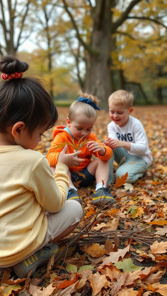 Children playing outdoors, gathering leaves and twigs for an art project.