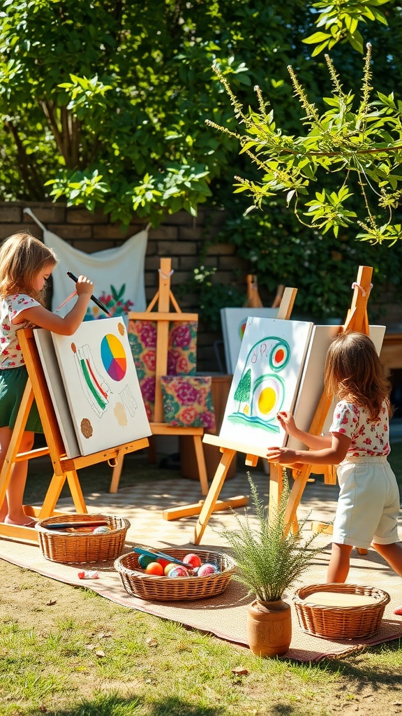 Children painting outdoors at easels surrounded by art supplies.