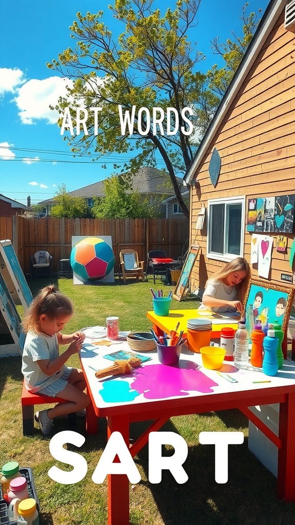 Children engaged in art activities at an outdoor craft station in a backyard