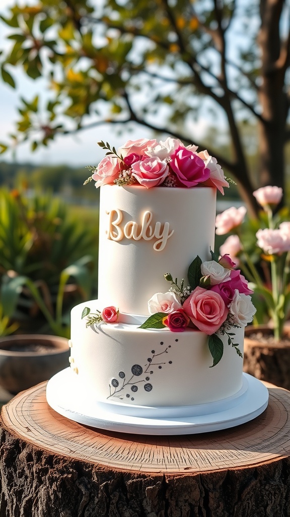 Two-tier baby shower cake decorated with pink and white roses on a wooden stump.