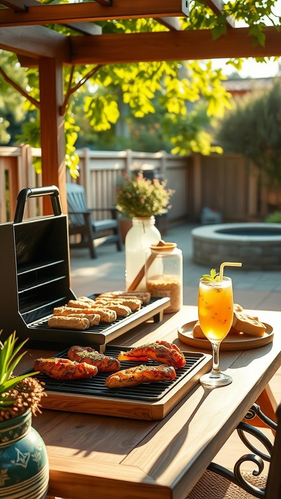 A backyard barbecue setup featuring grilled meats and a refreshing drink on a wooden table.