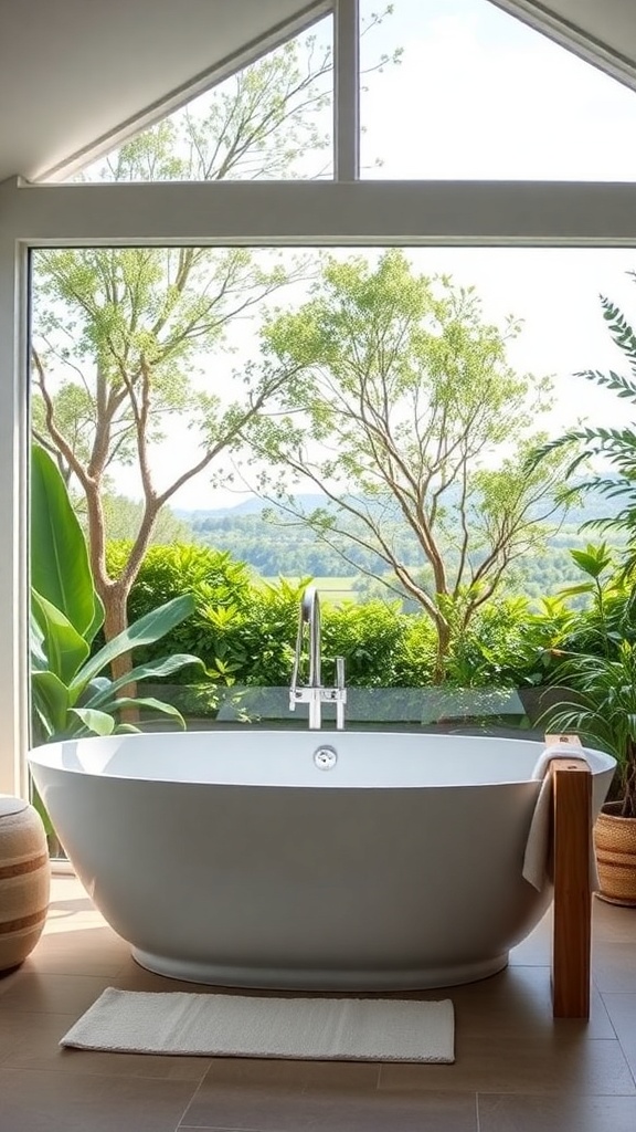 A modern freestanding bathtub with a view of lush greenery through large windows.