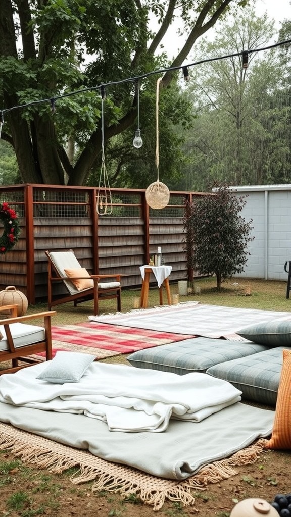Cozy outdoor baby shower seating area with blankets and cushions
