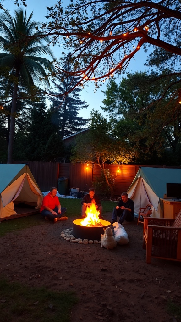 A cozy outdoor camping setup with tents, a campfire, and friends enjoying the evening.