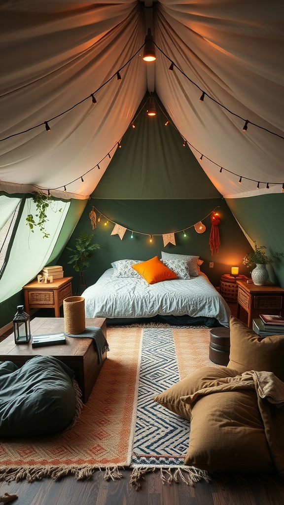 A cozy bedroom designed to resemble an indoor camping experience with tent-like fabric, string lights, and earthy colors.
