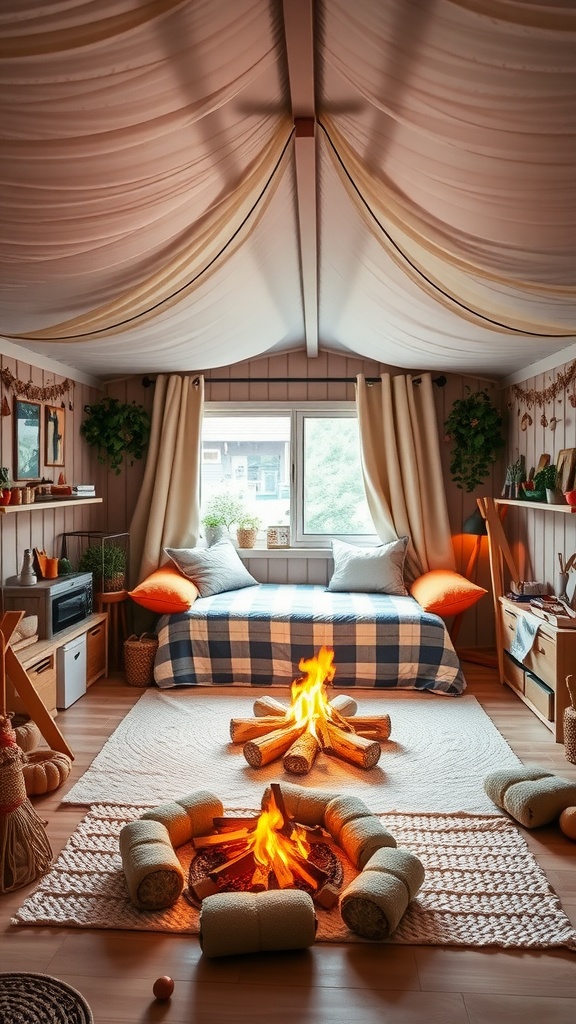 A cozy kids bedroom designed with an outdoor camping theme, featuring a plaid bedspread, bright pillows, faux campfire, and soft cushions.