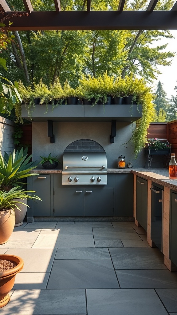 A modern outdoor concrete kitchen with a built-in grill and greenery on top.