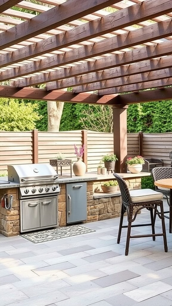 An outdoor grill station featuring a stone countertop, grill, and seating area, surrounded by greenery.