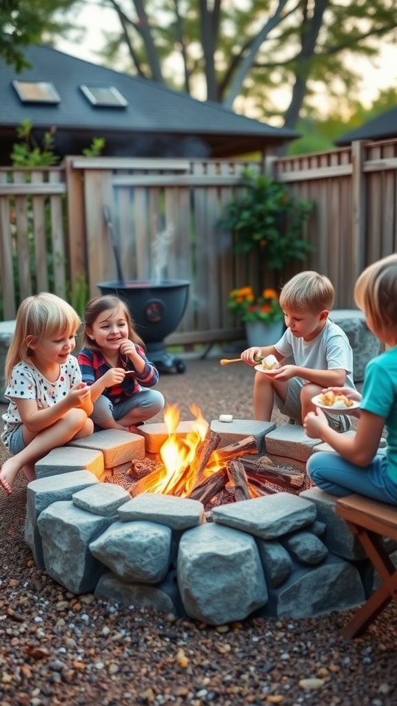 Children around a fire pit roasting marshmallows in a backyard.