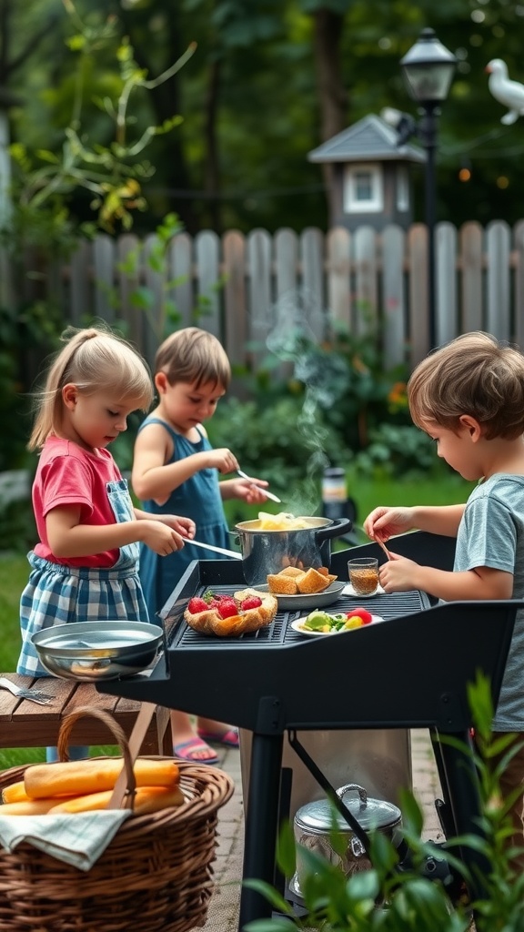 Children engaged in outdoor cooking in a backyard setting.