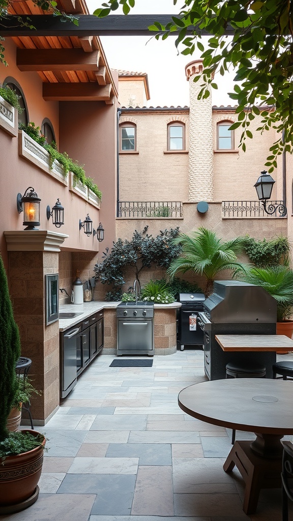 Outdoor kitchen in a Mediterranean courtyard with cooking appliances and seating.