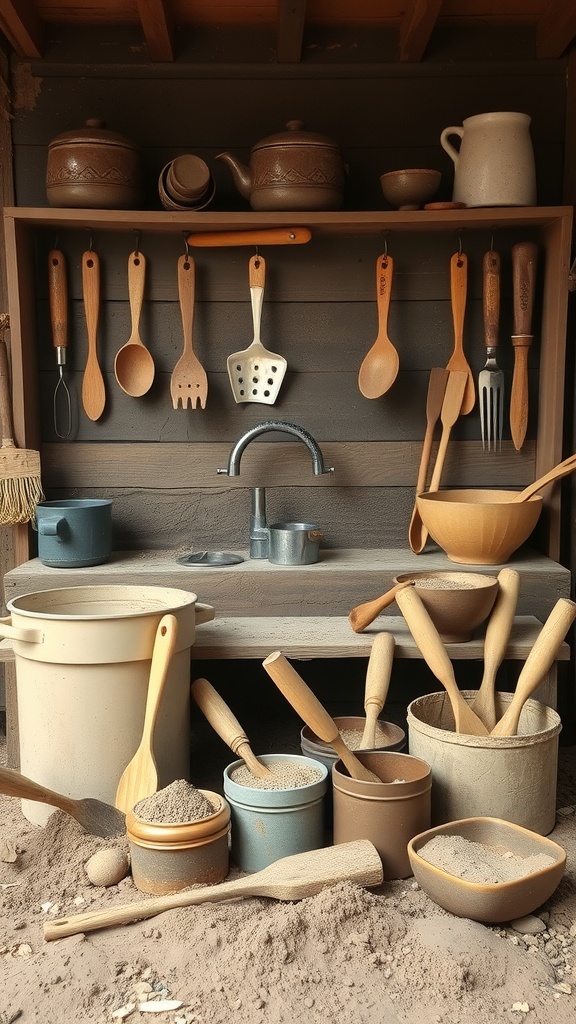 A mud kitchen display with various wooden cooking utensils, pots, and bowls, surrounded by sand and dirt.
