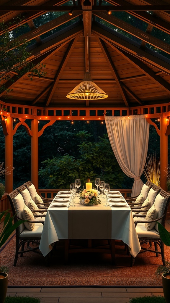 A beautifully set dining table in a gazebo, illuminated by warm lights, surrounded by greenery.