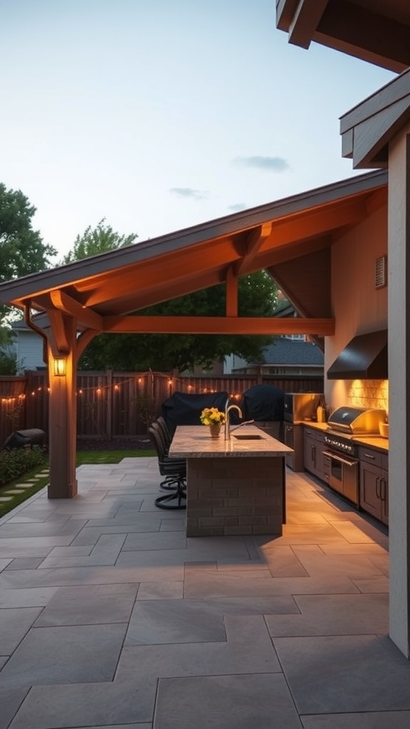 An outdoor kitchen with a pavilion, featuring a grill, countertop, and seating, illuminated at dusk.