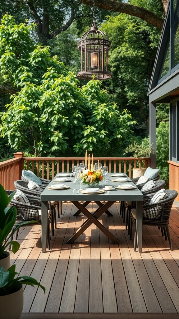 A stylish outdoor dining area on a deck, featuring a large table with plates and glasses, surrounded by greenery and a hanging lantern.