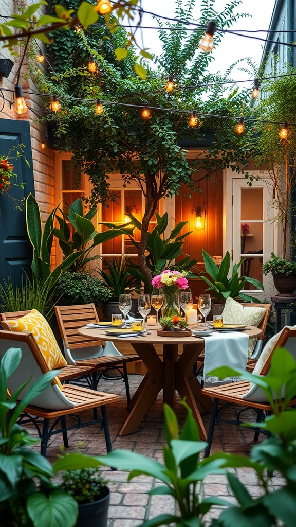 A cozy outdoor dining space with a round wooden table, surrounded by comfortable chairs, string lights overhead, and lush plants.