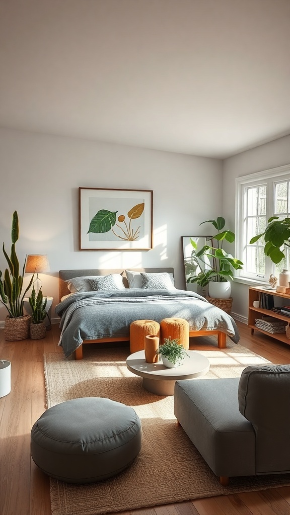 A cozy living room with plants, natural light, and soft furnishings.