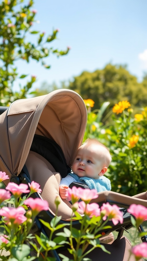 A 5-month-old baby sitting in a stroller surrounded by colorful flowers in a sunny garden.