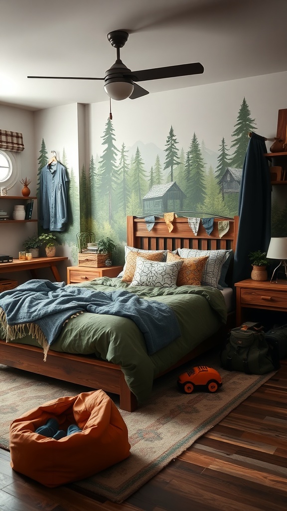 A cozy bedroom designed for boys, featuring a nature-themed mural, a wooden bed with green bedding, and playful decor.