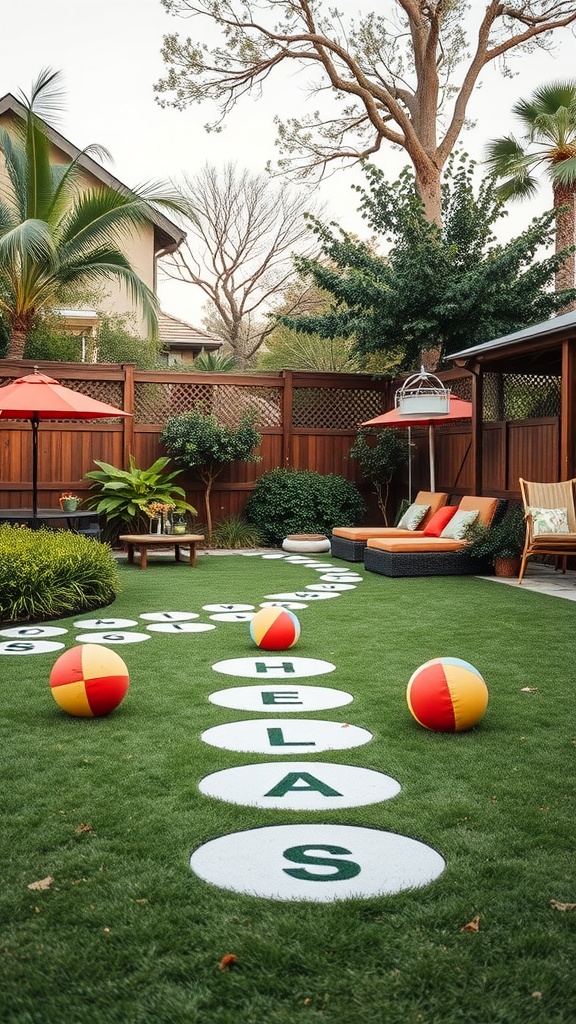 A toddler outdoor play area featuring colorful balls and stepping stones on grass.