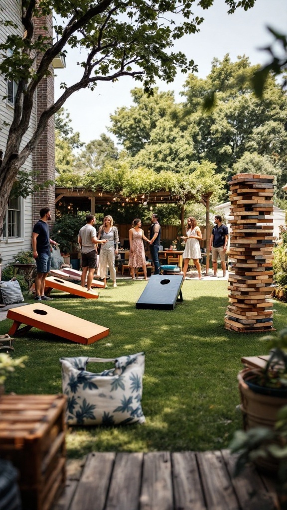 A backyard engagement party with guests playing outdoor games like cornhole and Jenga
