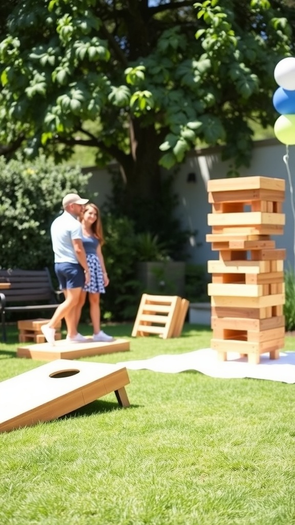 A backyard setup featuring outdoor games like Jenga and cornhole for a summer baby shower.