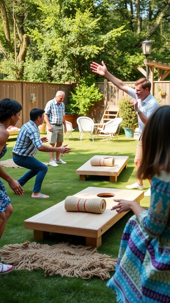 Group of people enjoying outdoor games at a summer baby shower.